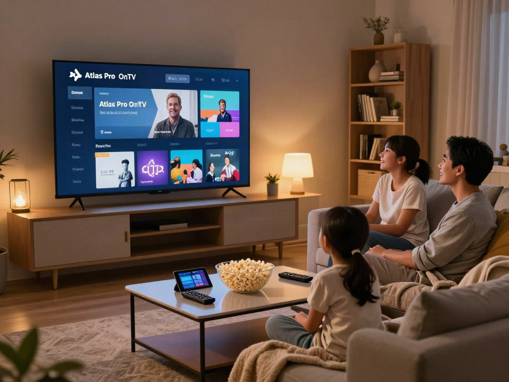 Famille profitant d'une soirée cinéma ensemble grâce à Atlas pro ontv dans un salon confortable