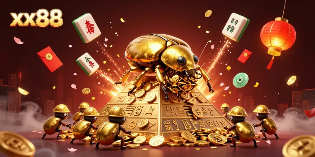 Engage with excitement at xx88 casino as golden beetles roll treasure coins amidst dynamic symbols.