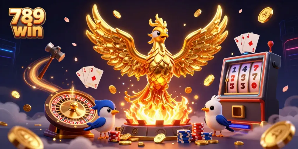 Engage with the thrilling experience of 789 win featuring a golden phoenix amid dynamic casino elements.